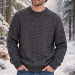 Aran Crafts Sweater Blue Wool Cable Knit Crew Neck Ireland Men L Women XL Cozy